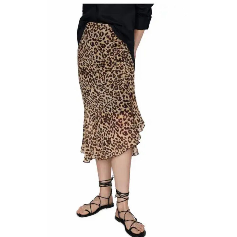Mango Leopard Chiffon Ruched Midi Skirt Beige, Black Size 8